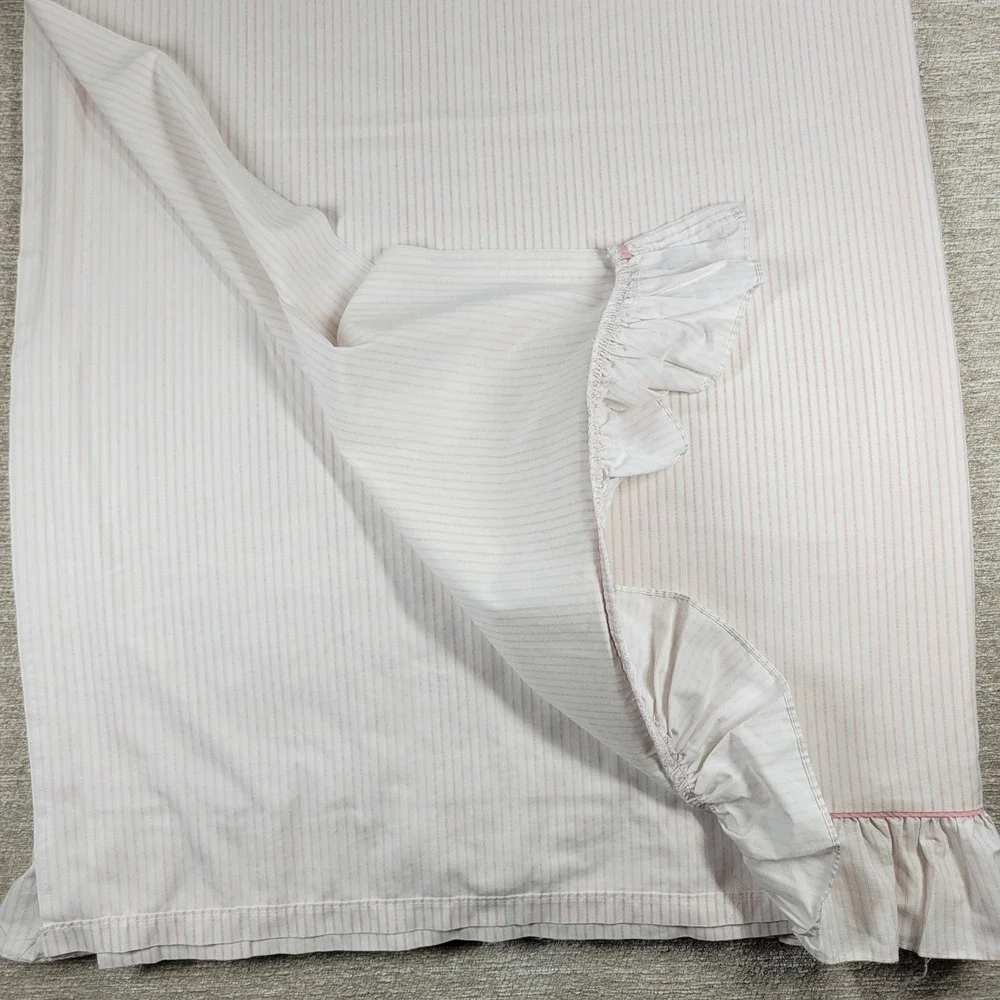 Laura Ashley Ticking Stripe King Sheet Set Pink Ruffle Bedding USA Made Vintage